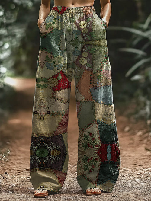 Women's Vintage Patchwork Pattern Art Print Wide Leg Pants