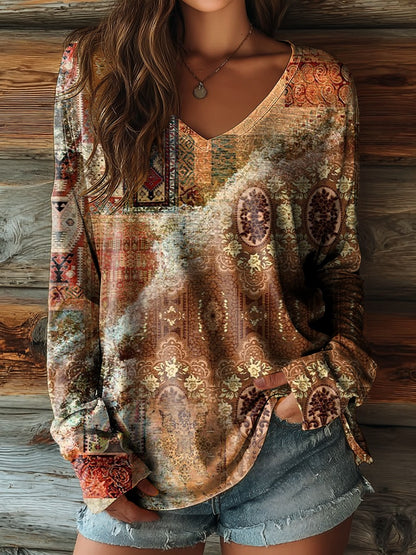 Women's Vintage Bohemian Art Print Casual Long-Sleeve V-Neck Cotton Dress