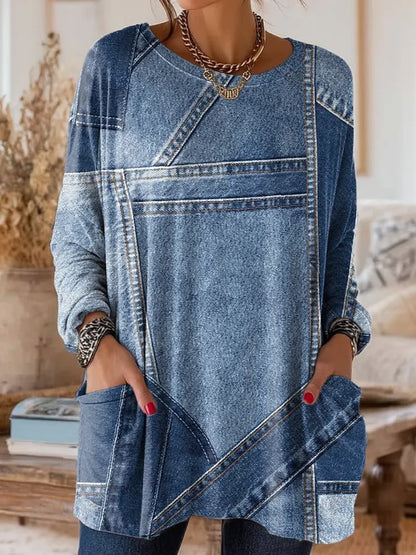 Women's Denim-Print Patchwork Artistic Print Pocket Cotton Dress