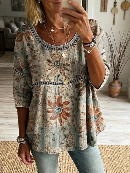 Women's Bohemian Floral Heart Art Print Casual Round Neck Hollow Out Top