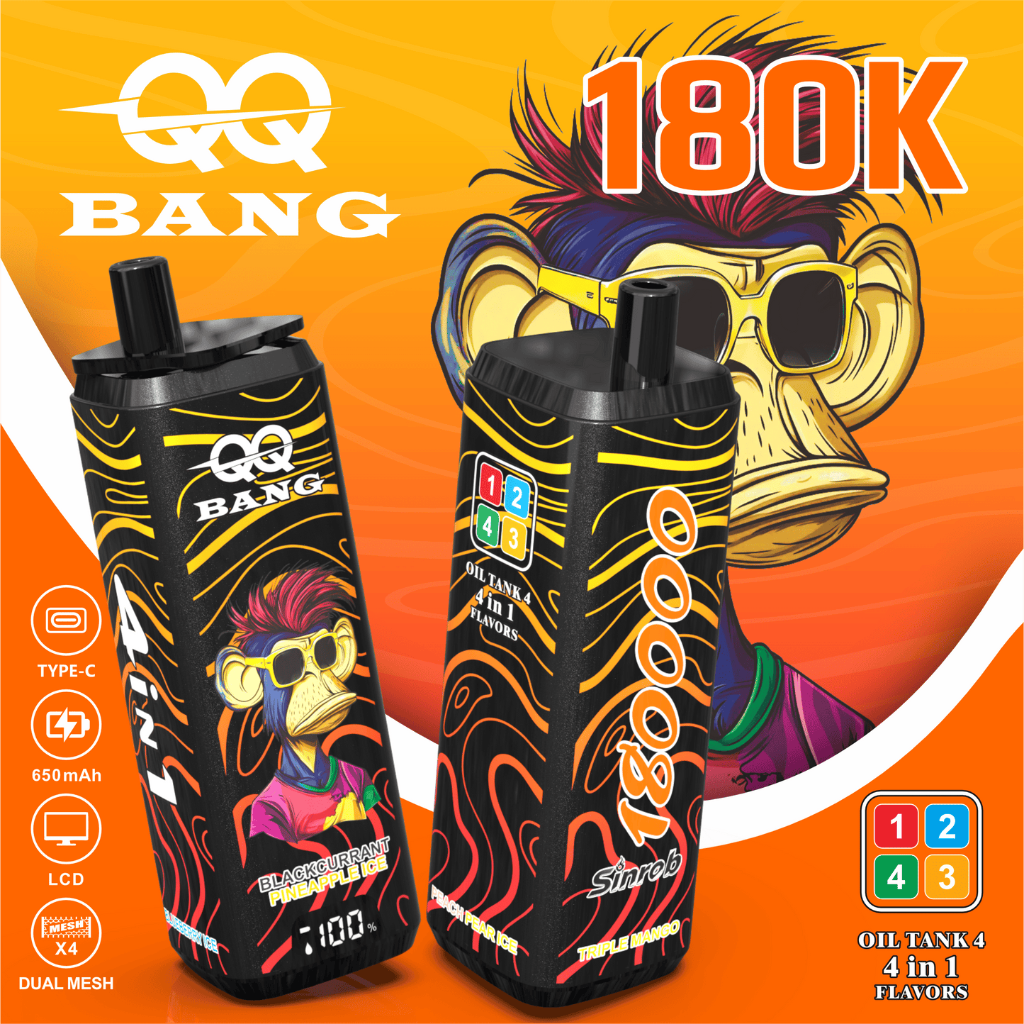 QQ Bang 180000 180K Puffs 4 In 1 Flavors LCD Display Rechargeable Disposable Vape