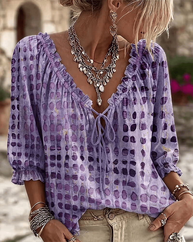 Bevelyn - Soft-Touch Polka Dot Lace-Up Blouse