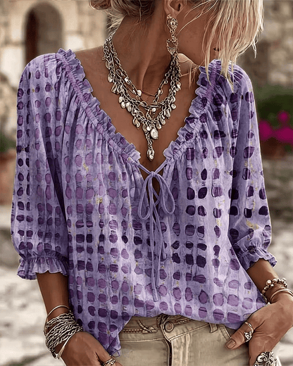Bevelyn - Soft-Touch Polka Dot Lace-Up Blouse