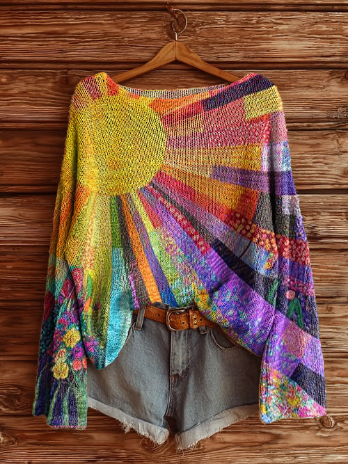 Women's Colorful Sun Collage Art Print Casual Pullover Sweater