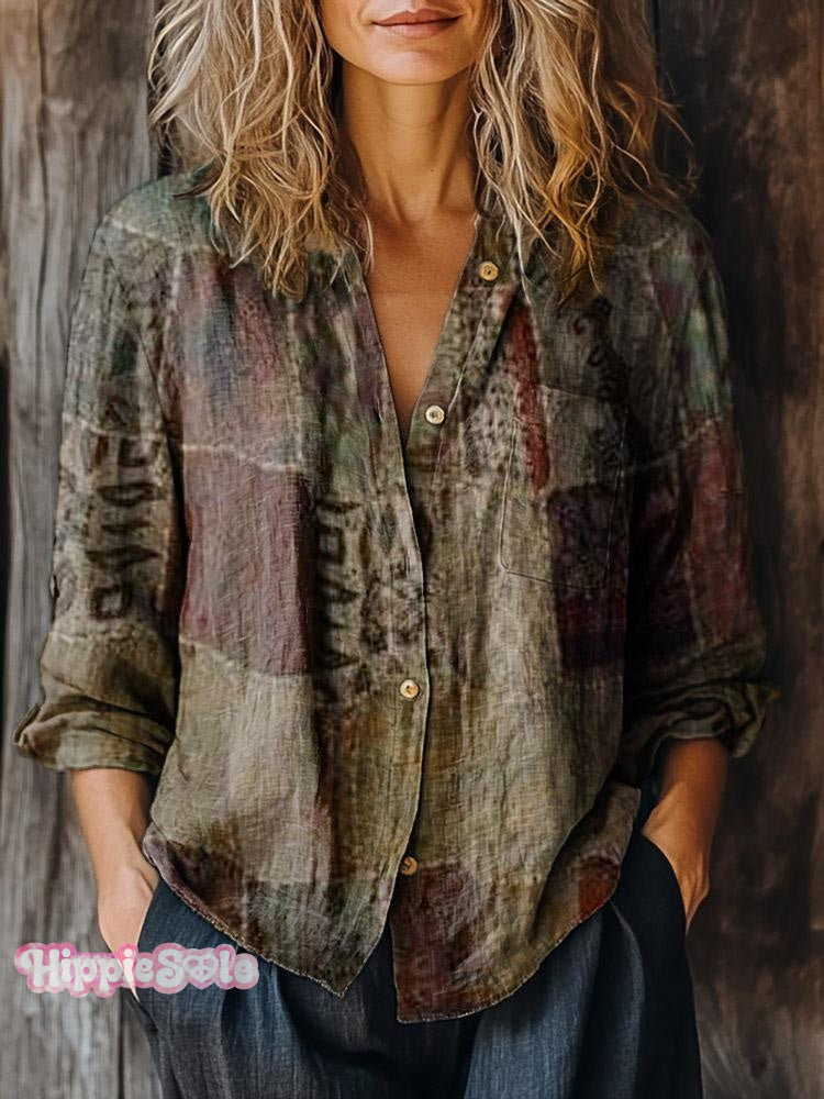 Women's Retro Patchwork Pattern Art Print Casual Long Sleeve Comfortable Cotton Shirt