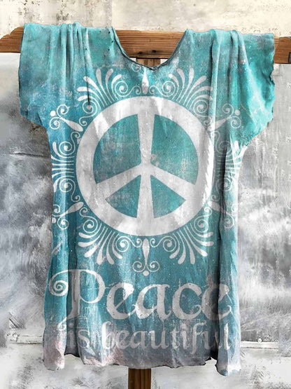 Women's Hippie Peace Is Beautiful Print Short Sleeve Pocket Cotton Linen Dress