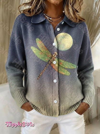 Women's Vintage Dragonfly Moon Art Print Casual Long Sleeve T-shirt