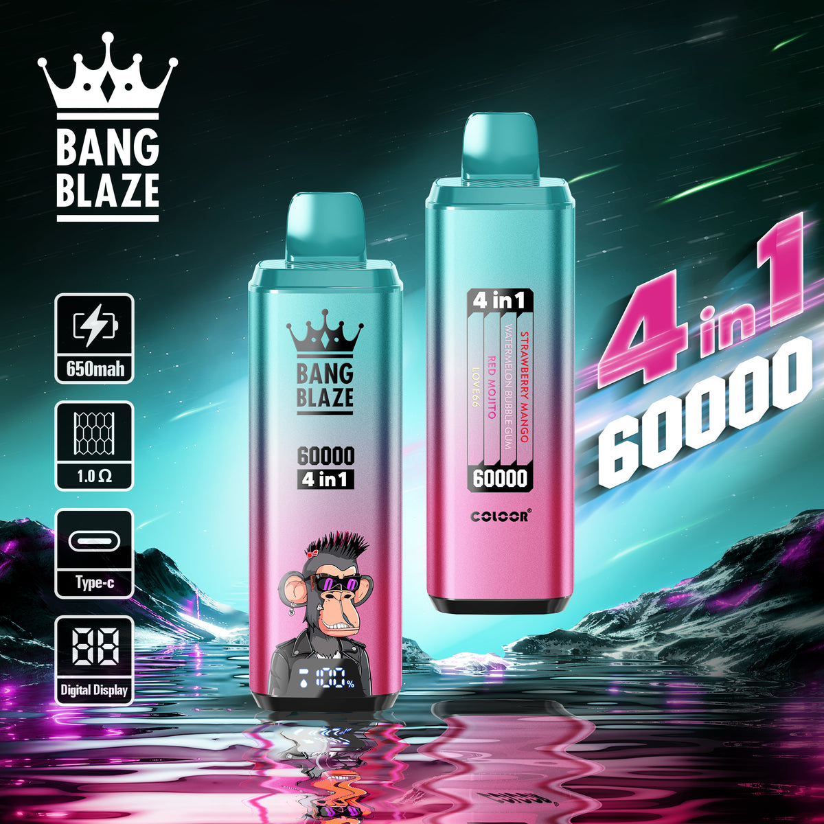 Bang Blaze 60000 – 4 flavors in a single device! 🔥 Fast shipping in 1–5 days. 🚚 Tax- and duty-free. 💨 Up to 60,000 puffs of pure flavor! Buy it now and save! ⚡