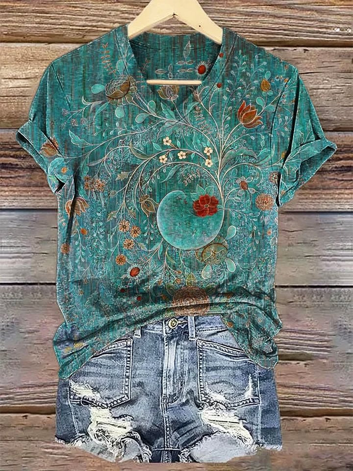 Vintage Floral Art Print 100%Cotton V-neck T-Shirt