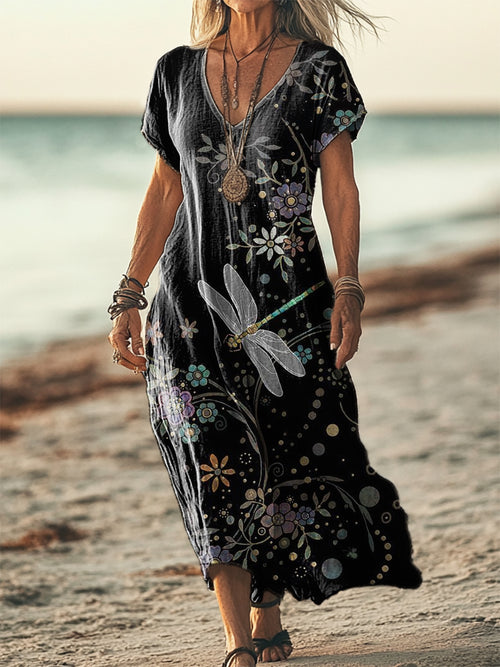 Women's Dragonfly Flower Art Print Short Sleeve Pocket Cotton Linen Dress