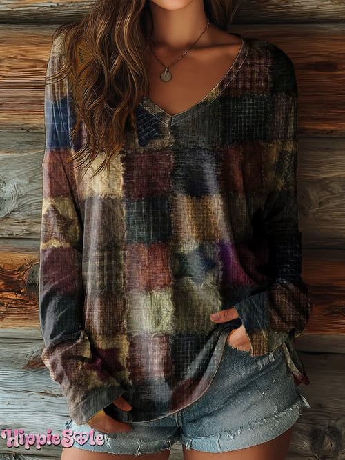 Women's Vintage Patch Art Print Casual V-neck Long Sleeve T-shirt