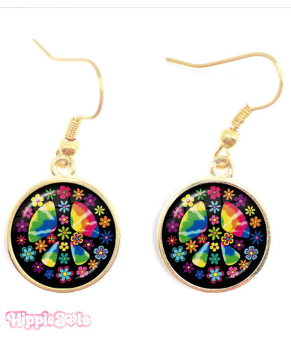 Hippie Peace Flowers Rainbow Earrings