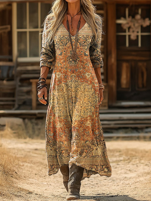 Women's Retro Ethnic Art Print Casual Long-Sleeved V-Neck Cotton Dress