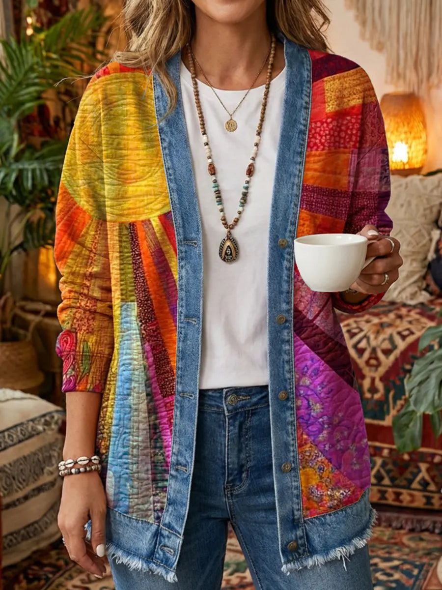 Vintage Sun Patchwork Women's Art Print Casual Long Sleeve Shirt Denim Coat