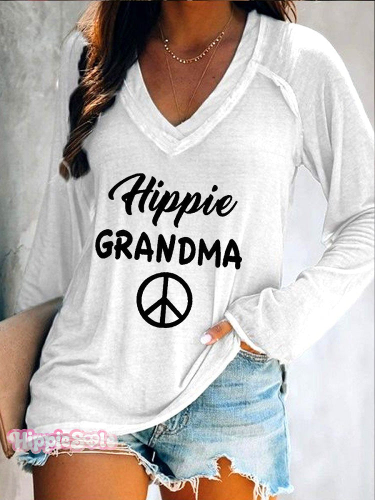 Women's Hippie Grandma Peace And Love Casual Long Sleeve V-Neck T-Shirt