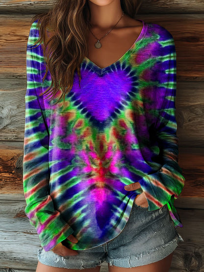 Women's Colorful Love Heart Tie Dye Art Print Casual V-neck Long Sleeve T-shirt