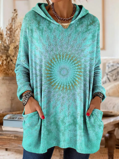 Women's Tie-Dye Mandala Pattern Art Print Casual Knit Hoodie with Pockets