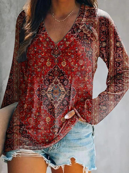 Vintage Ethic Print V-neck Casual T-Shirt