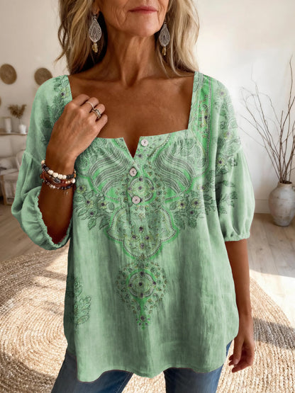 Women's Totem-inspired Vintage Floral Art Print Casual Square-neck Top