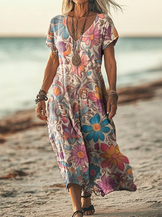 Women's Bohemian Floral Patterns Short Sleeve Pocket Cotton Linen Dress