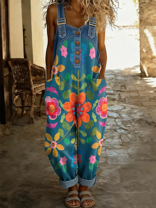 Women's Boho Floral Art Print Patchwork Denim Overalls