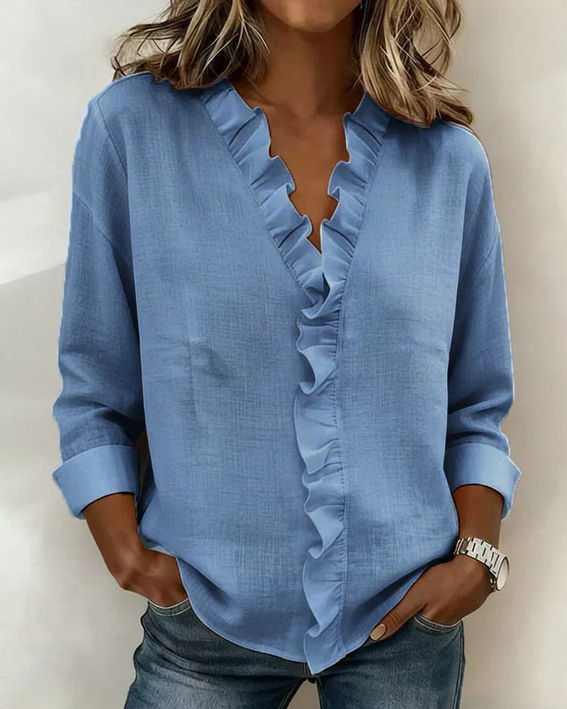 Brinae - Soft-Touch Long-Sleeve Ruffled V-Neck Blouse
