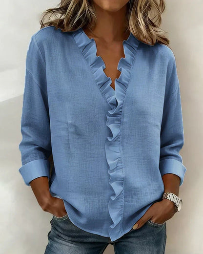 Brinae - Soft-Touch Long-Sleeve Ruffled V-Neck Blouse