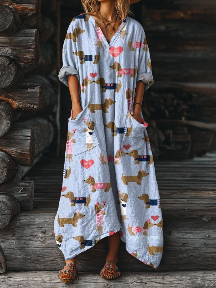 Women's Cute Dachshund Art Pattern Print Pocket V-neck Cotton Dress