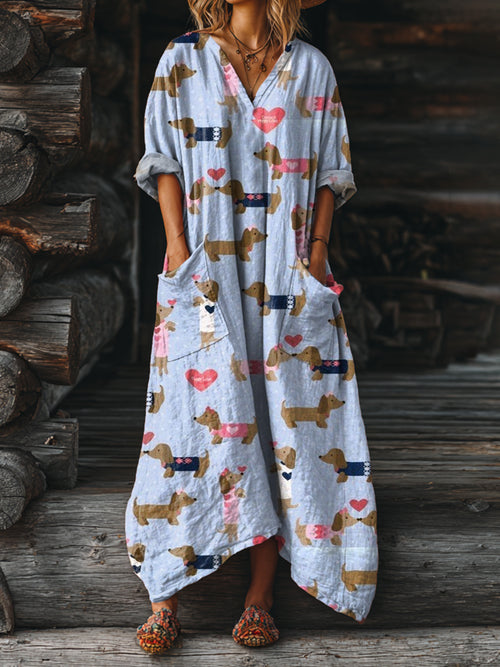 Women's Cute Dachshund Art Pattern Print Pocket V-neck Cotton Dress