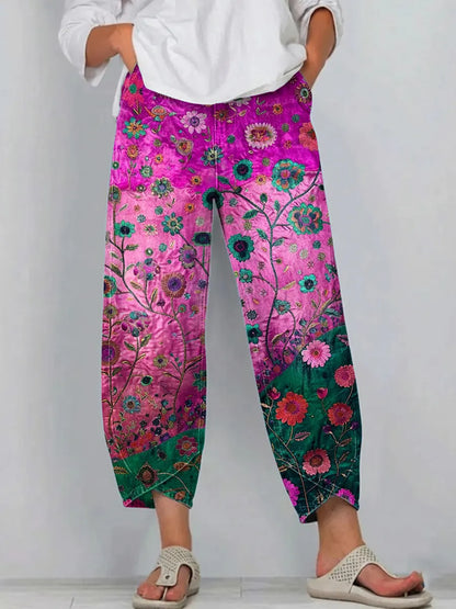 Women's Vintage Floral Art Print Jeans-1