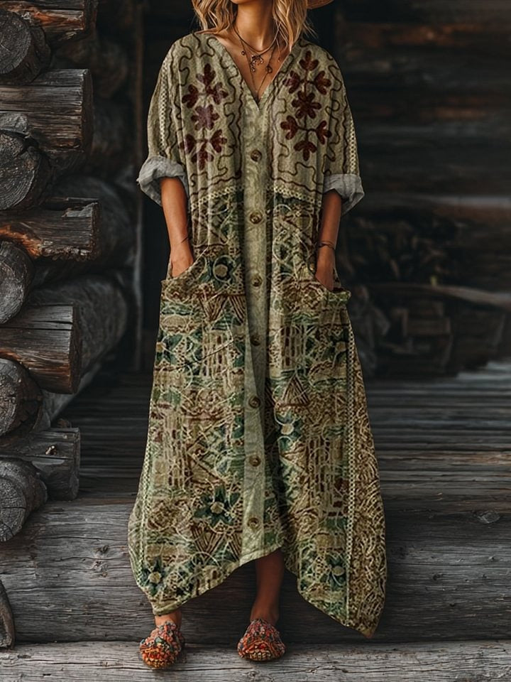 Women's Retro Ethnic Pattern Artistic Print Casual V-Neck Long-Sleeved T-Shirt