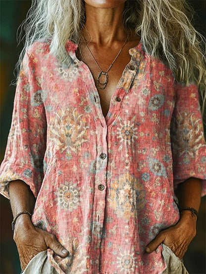 Women's Retro Ethnic Totem Pattern Casual Linen V-neck Shirt