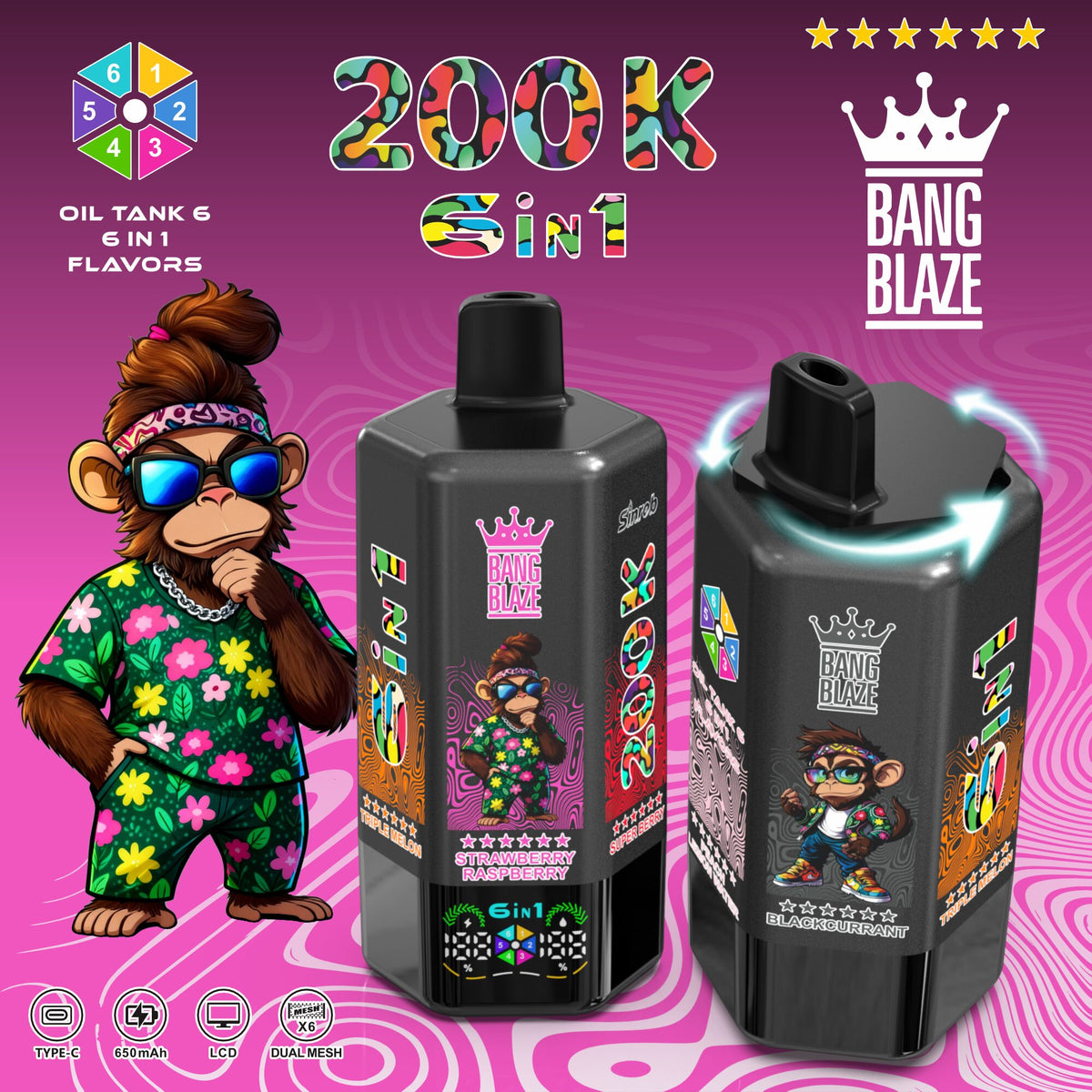 Bang Blaze 200000 200K Puffs 6 in 1 Flavors &  6 oil tanks Rechargeable LCD Display Disposable Vape