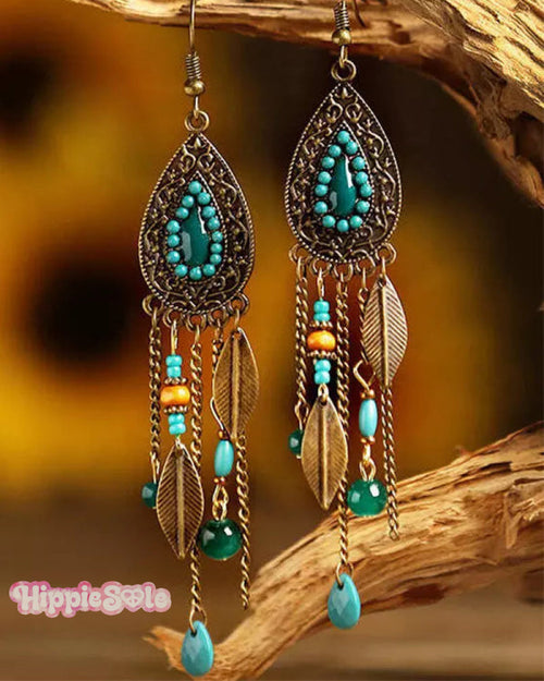 Vintage Leaf Bead Tassel Water-Drop Shaped Earrings