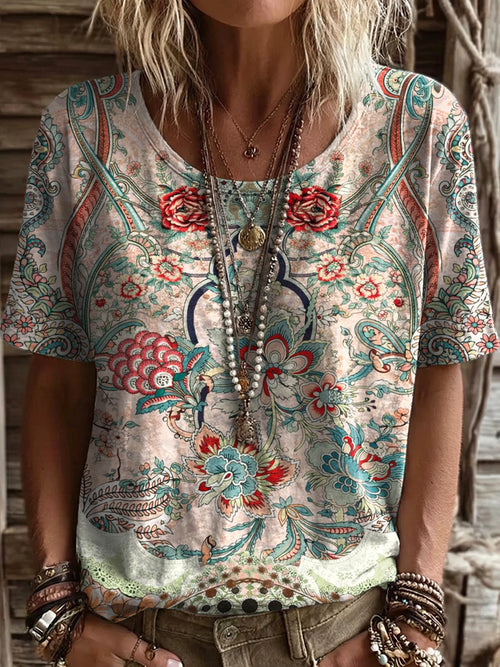 Women's Ethnic Floral Art Print Casual Crew Neck Short Sleeve Cotton T-shirt
