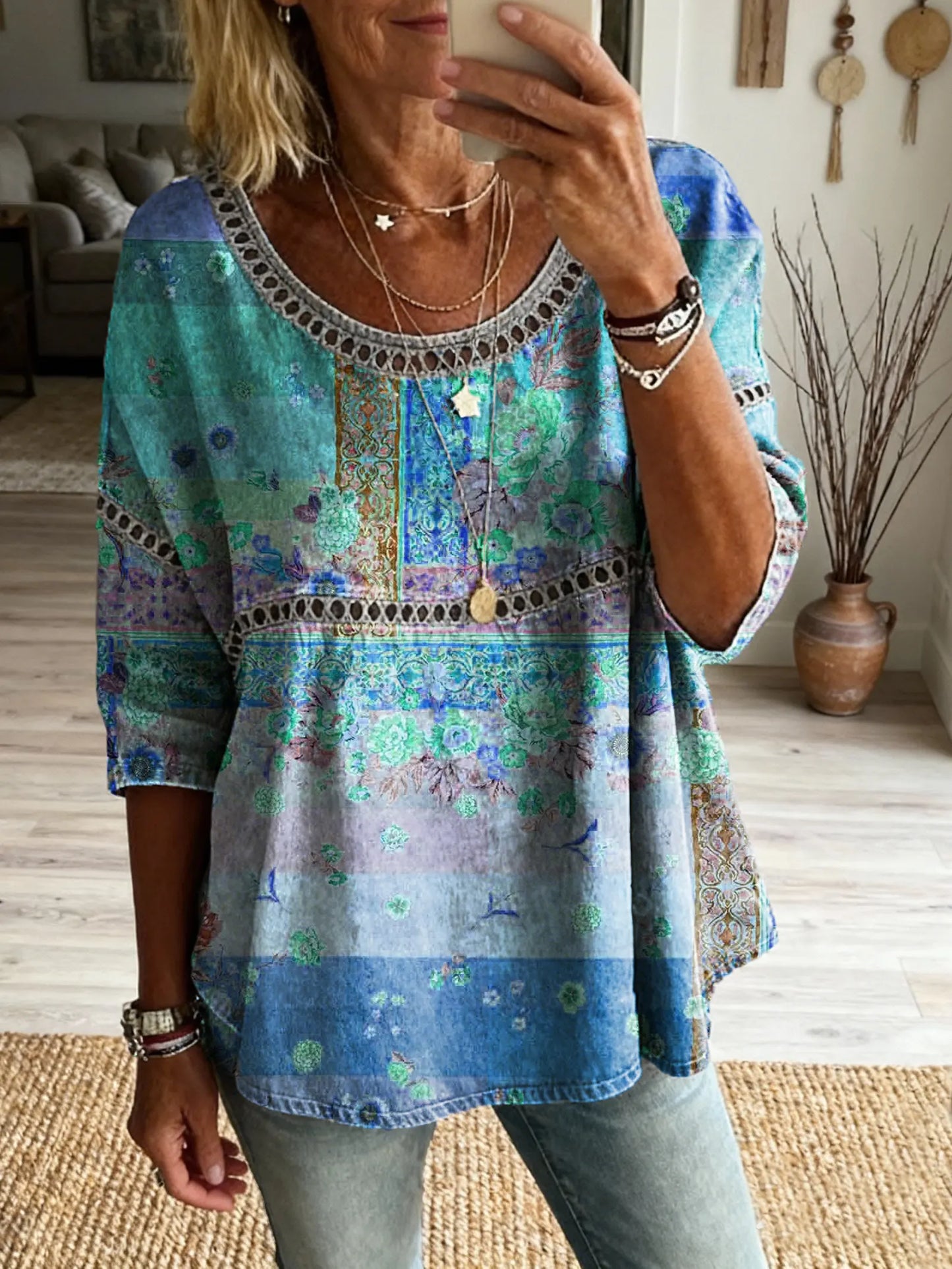 Women's Floral Pattern Art Print Casual V-neck Lace-up Top