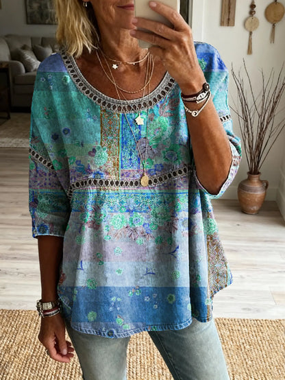 Women's Floral Pattern Art Print Casual V-neck Lace-up Top
