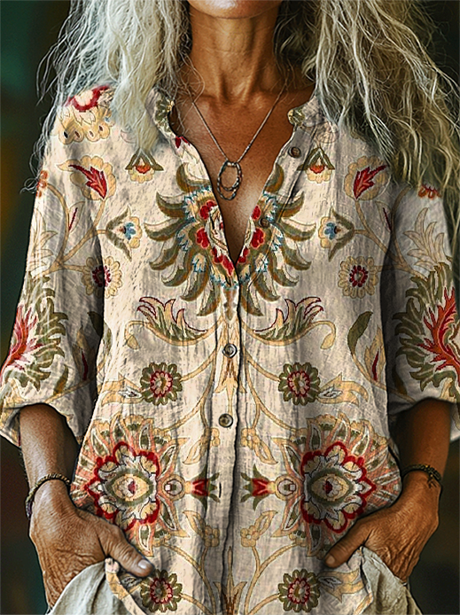Women's Vintage Ethnic Beige Floral Art Printed Casual Cotton Shirt