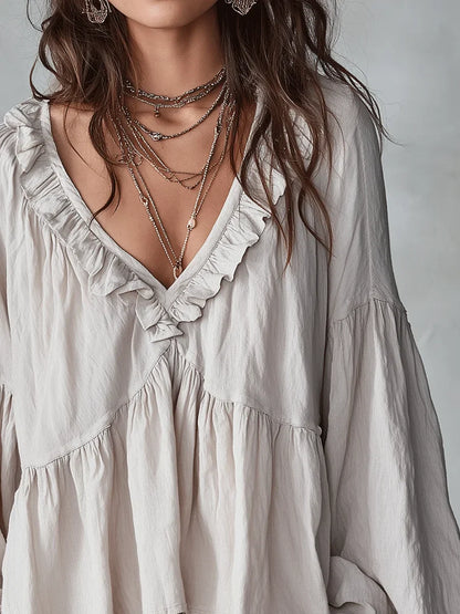 Narella - Ruffle V-Neck Blouse