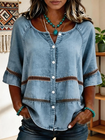 Women's Openwork Button Short-sleeve Shirt