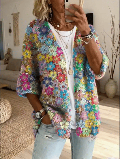 Ethnicity Flowers Colorful Women's Art Print Casual Cardigan Sweater