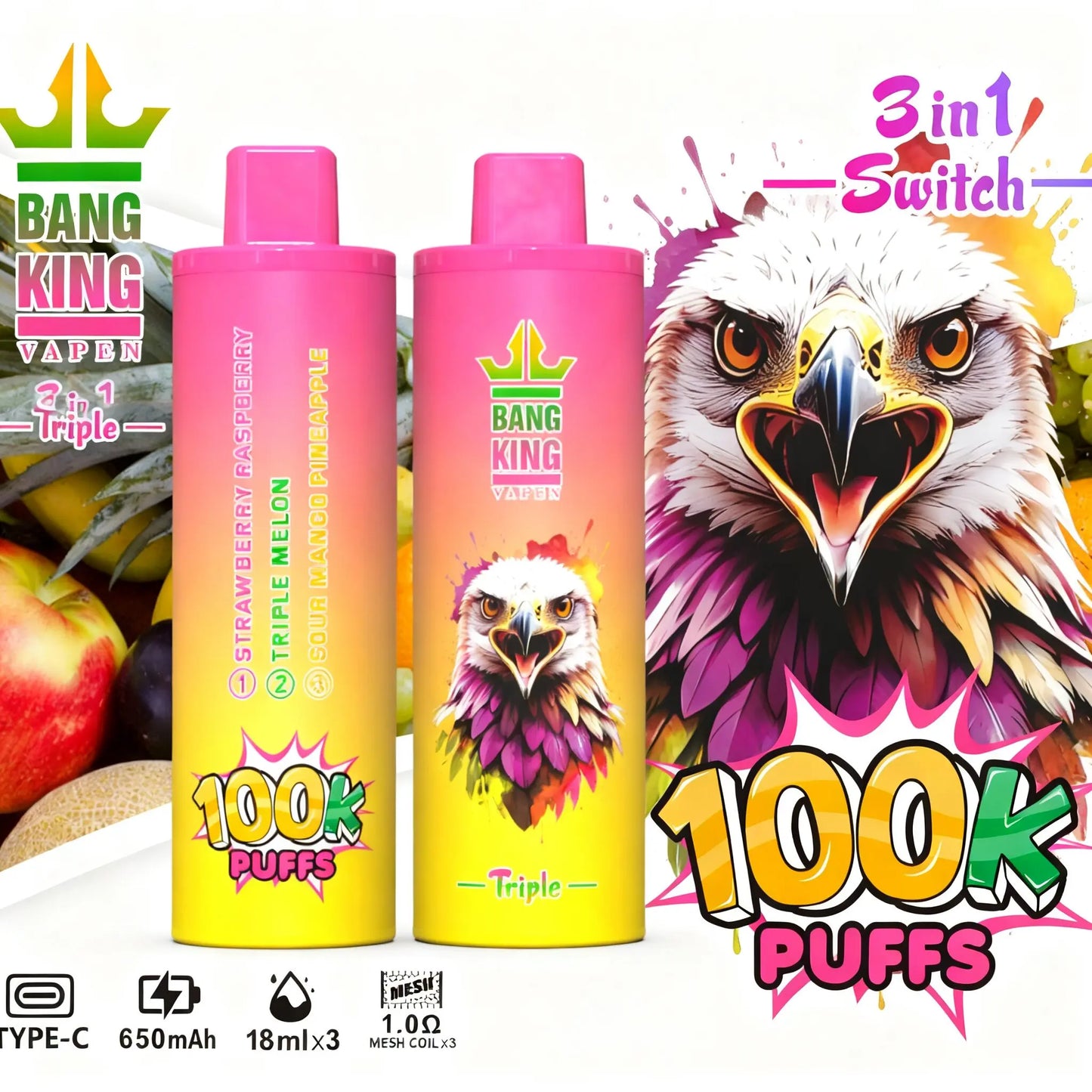 Bang King Triple 100000 100K Puffs 3 in 1 Flavors Original Rechargeable Disposable Vape