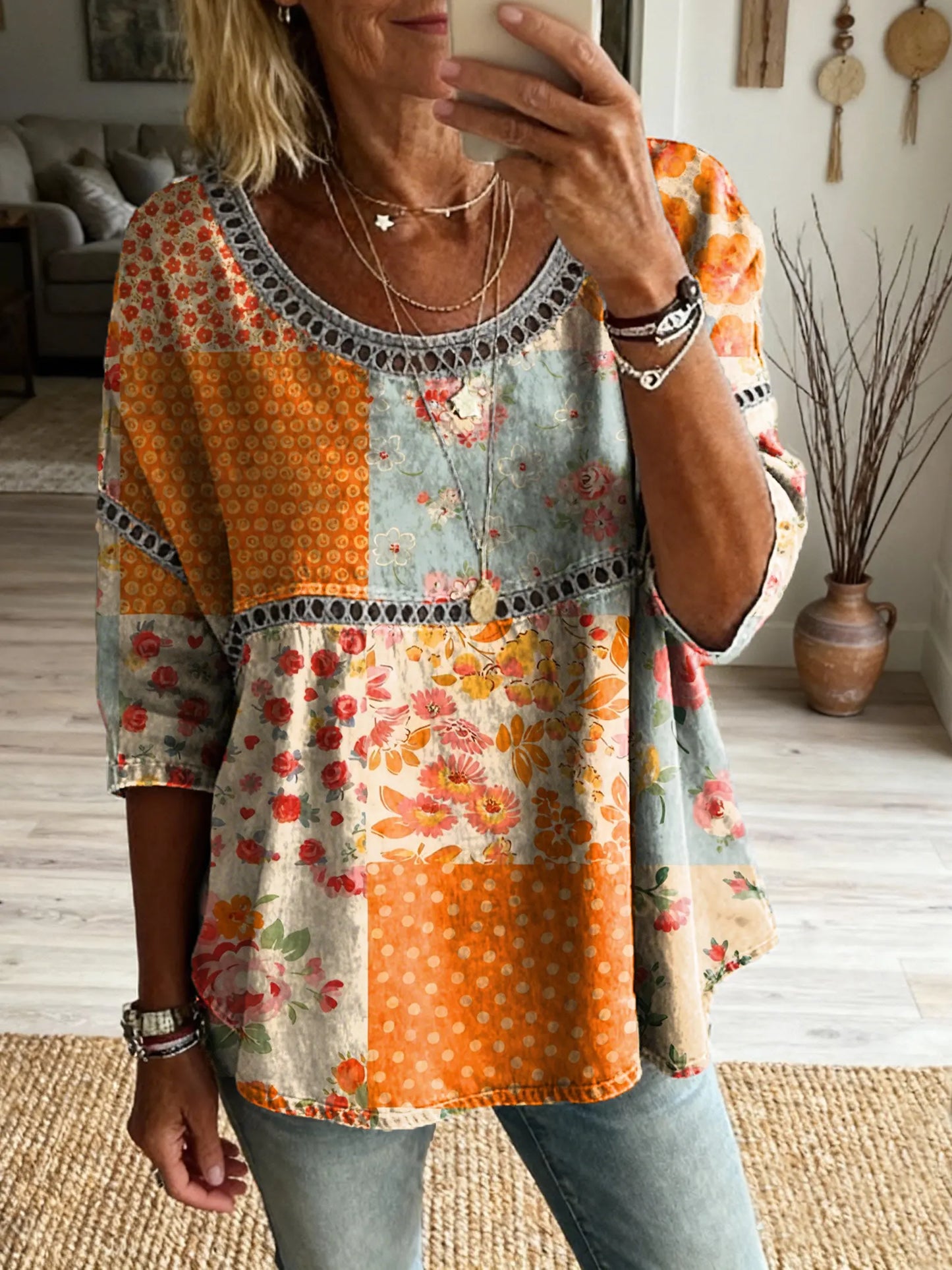Women's Vintage Patchwork Floral Art Print Casual Round Neck Cutout Top