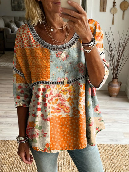 Women's Vintage Patchwork Floral Art Print Casual Round Neck Cutout Top