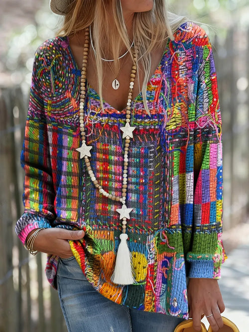 Women's Colorful Woven Textured Art Pattern Print V-neck Long-sleeve Knit Sweater