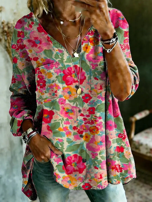 Women's Watercolor Floral Art Print Pocket Button Cotton Shirt
