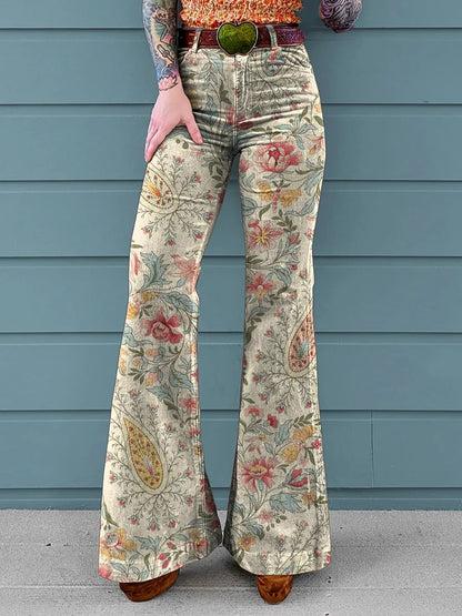 Women's Vintage Collage Art Print Casual Wide Leg Pants
