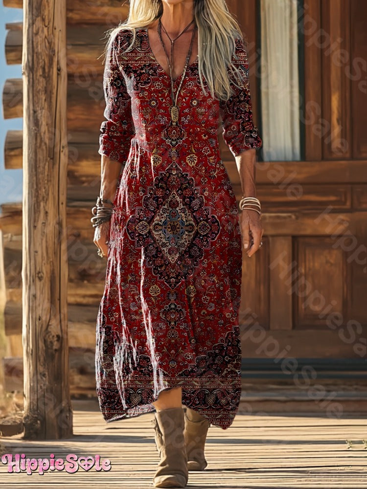 Women's Bohemian Floral Wavy Collage Art Pattern Print Pocket Cotton Dress