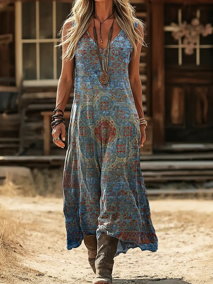 Women's Vintage Totem Flowers Art Print Sleeveless Cotton Dress With Pockets