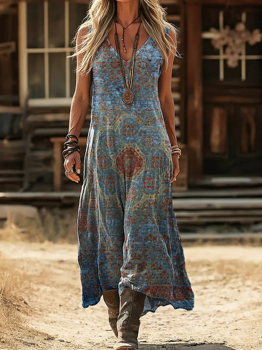 Women's Vintage Totem Flowers Art Print Sleeveless Cotton Dress With Pockets